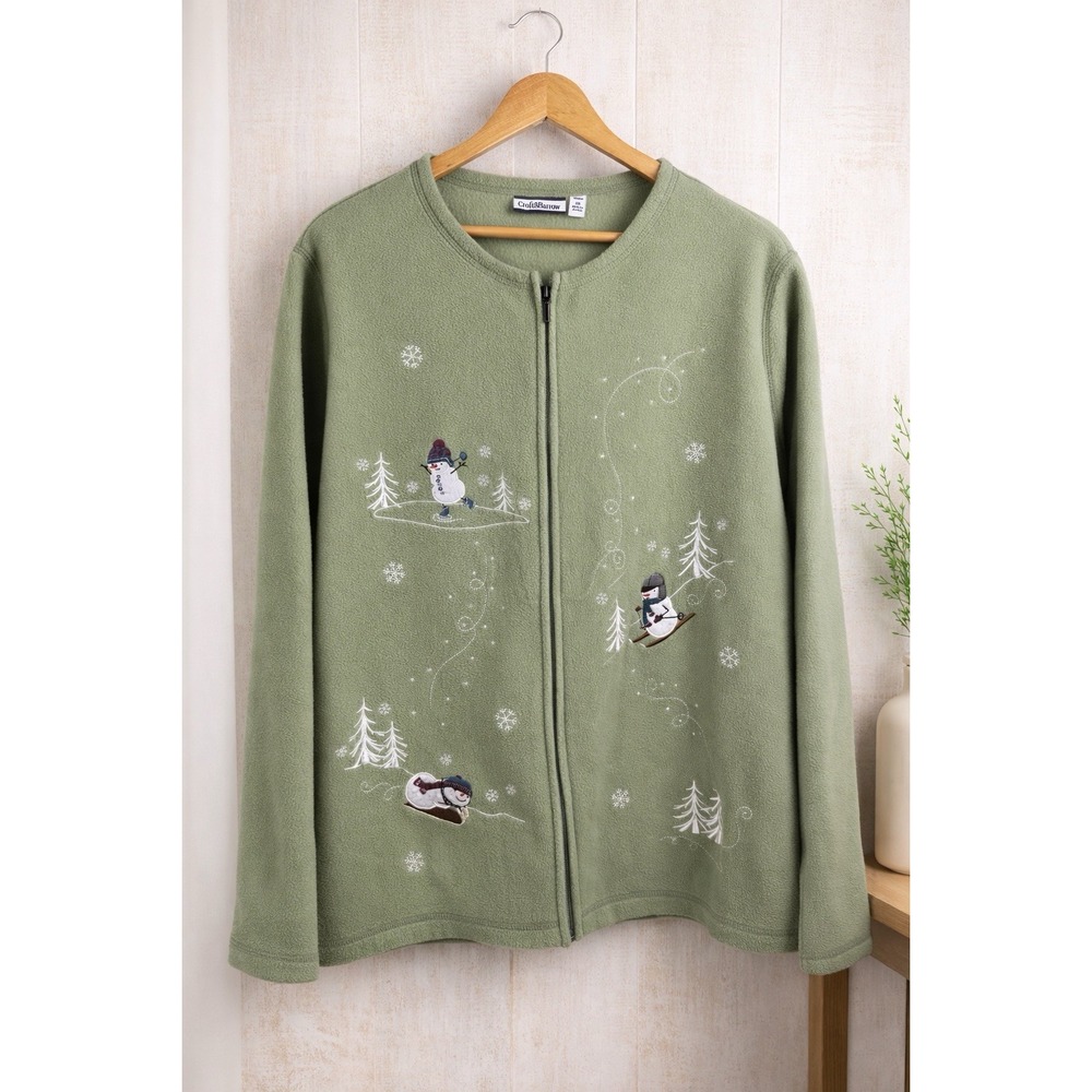 Vintage Croft And Barrow Woman Fleece‎ Zip Jacket 3X Sage Snowmen Winter Holiday